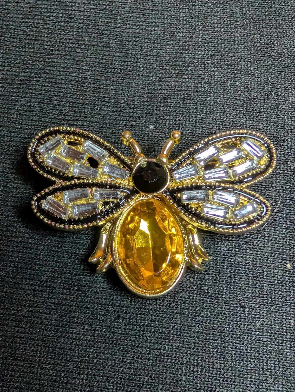Gold Tone Bumble Bee Rhinestone Brooch Amber Crystal